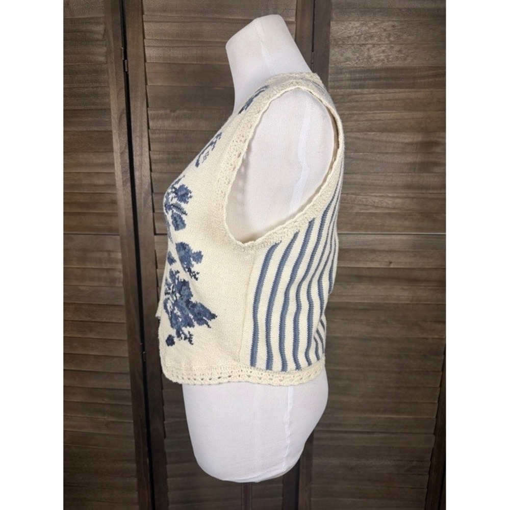 Mixit Womens Medium Floral Striped Knit Sweater Vest Blue Cream Ramie Cotton - Picture 5 of 10